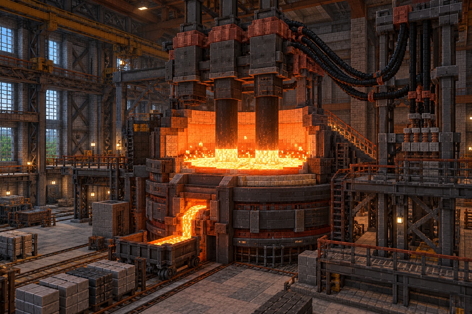 Electric arc furnace with electrodes and heavy power cables — illustrated build