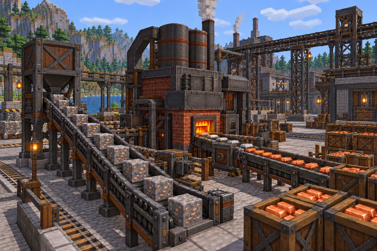 Conveyor automation carrying ore into a processor and ingots into storage — illustrated build