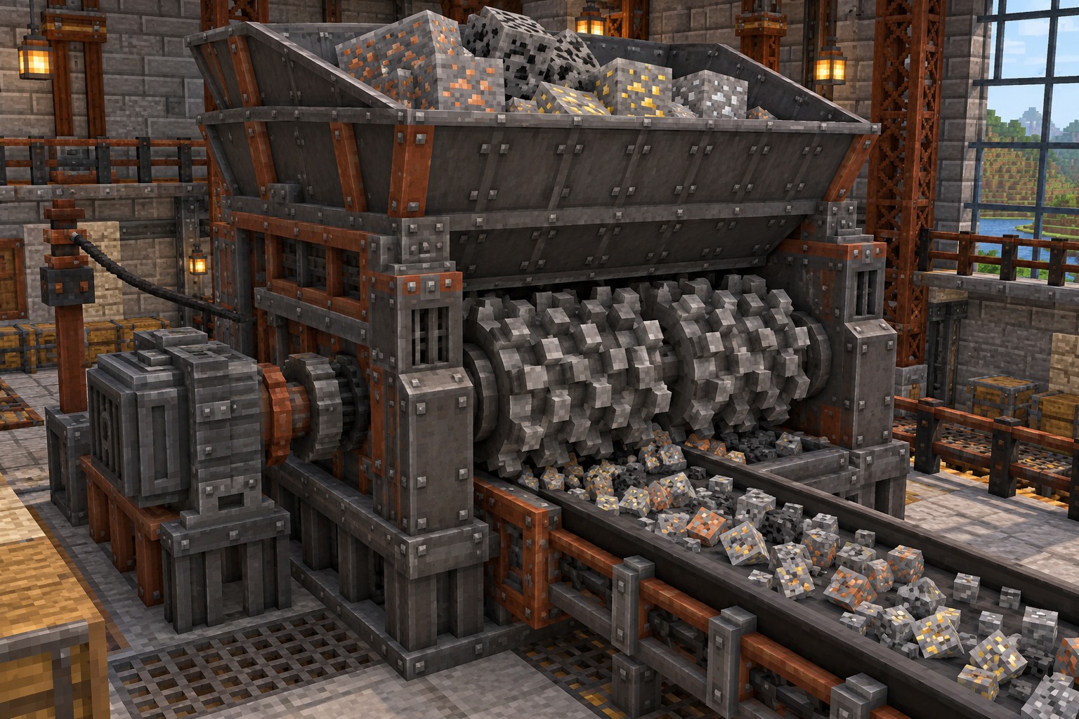 Ore crusher with twin steel rollers, an ore hopper and conveyor output — illustrated build