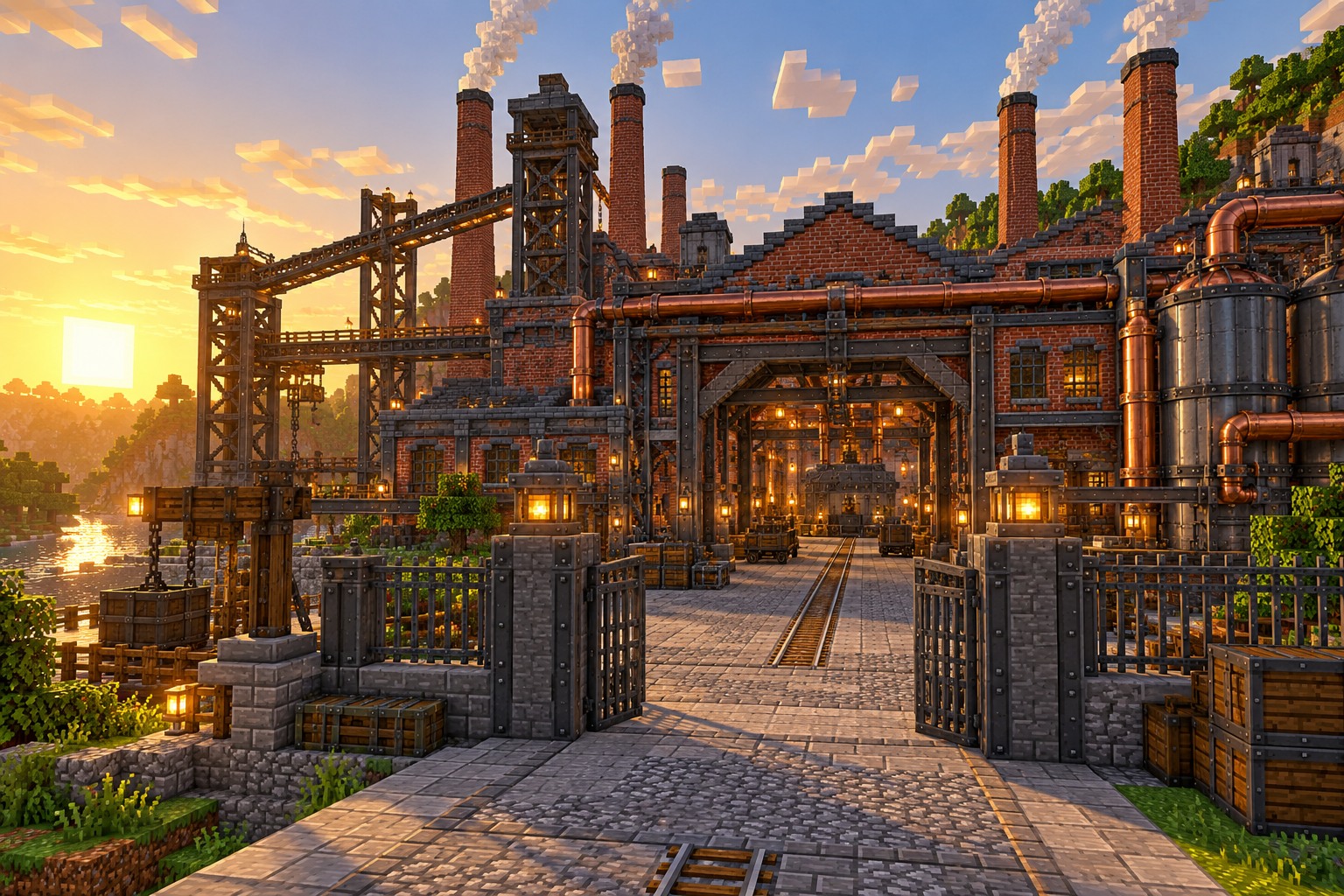 Industrial factory entrance with brick chimneys and steel gates — illustrated build