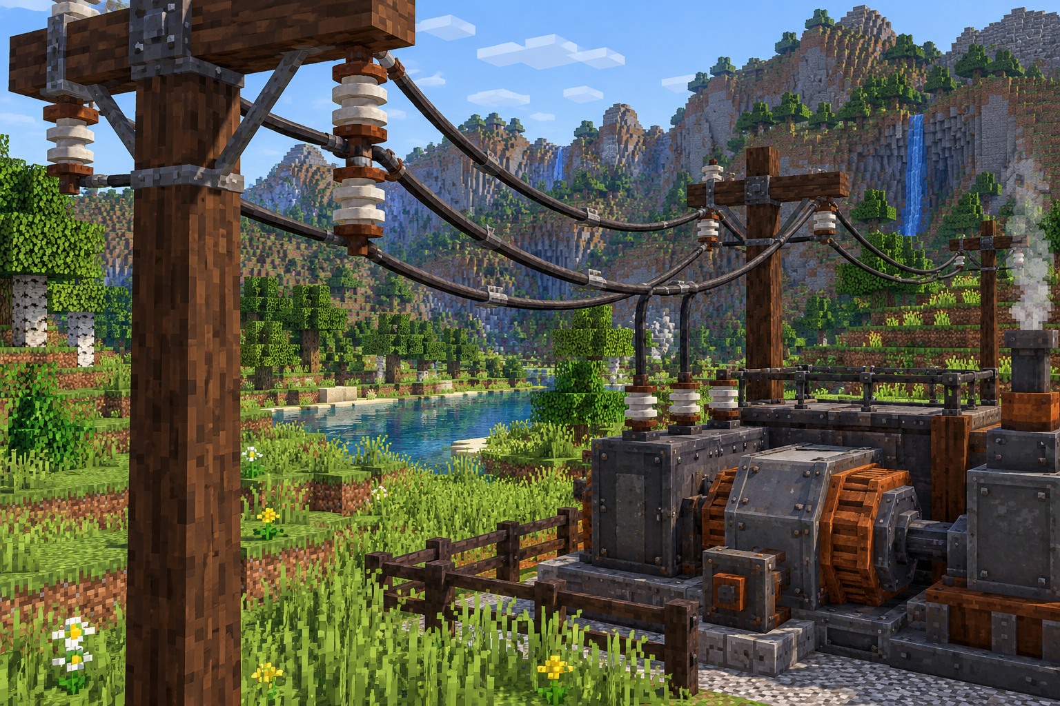 Electrical wires and ceramic connectors on timber power poles — illustrated build