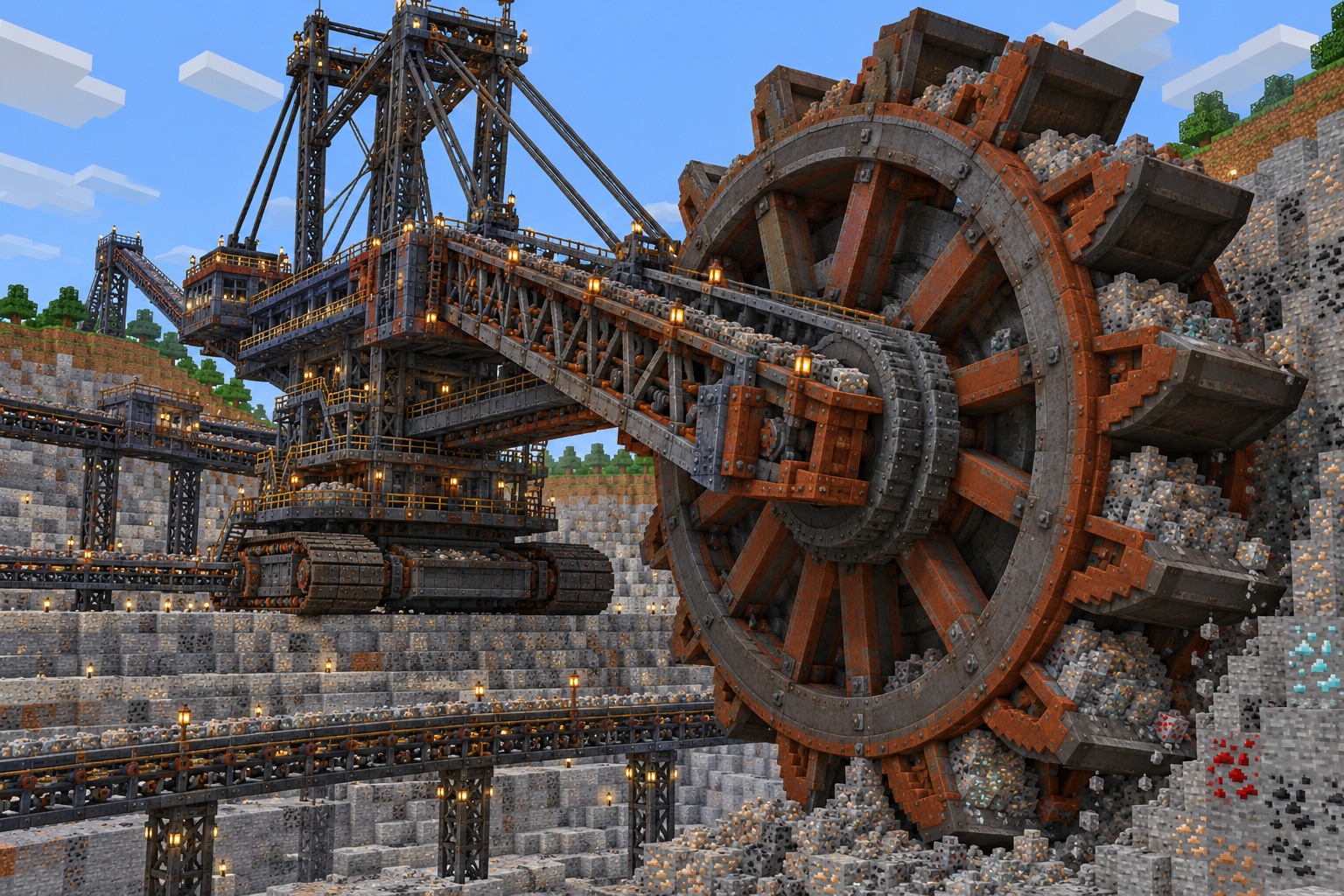Large bucketwheel excavator digging into an ore quarry — illustrated build