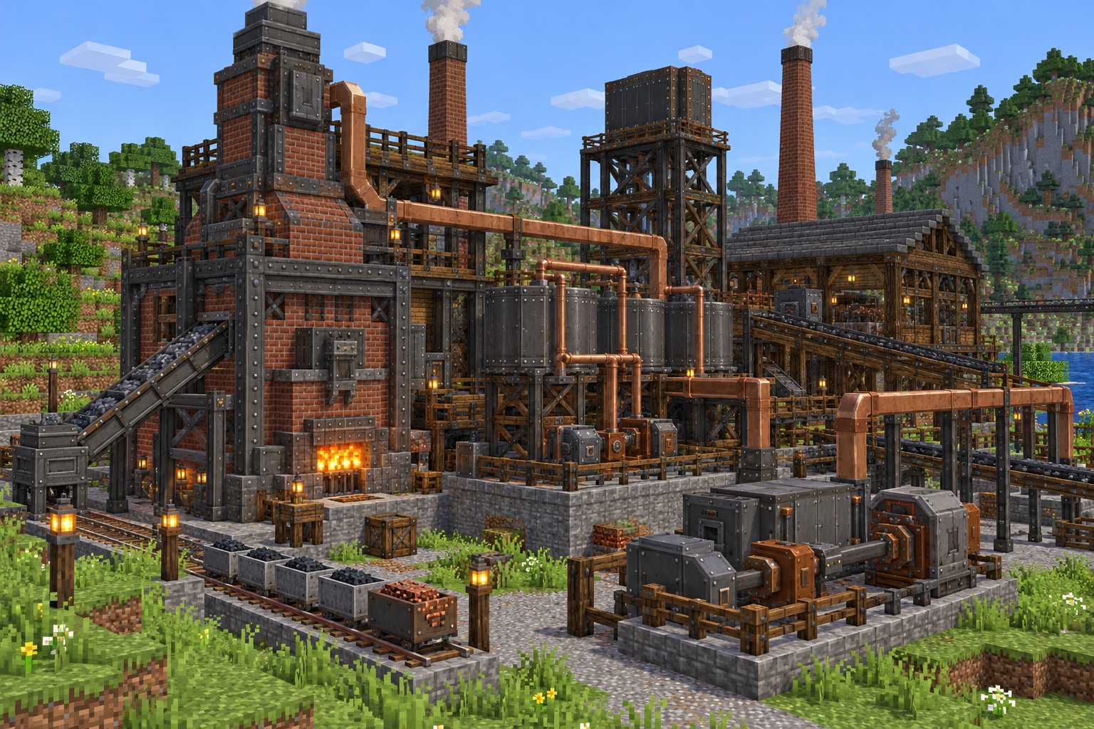 Industrial factory with brick furnaces, steel machinery and copper pipes — illustrated build