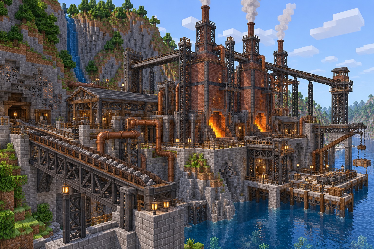 Cliffside foundry with steel gantries and conveyor bridges — illustrated build