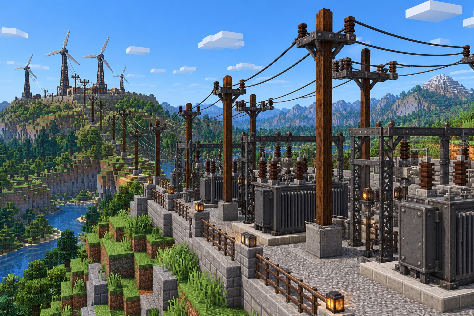 Electrical substation with power poles, transformers and windmills — illustrated build