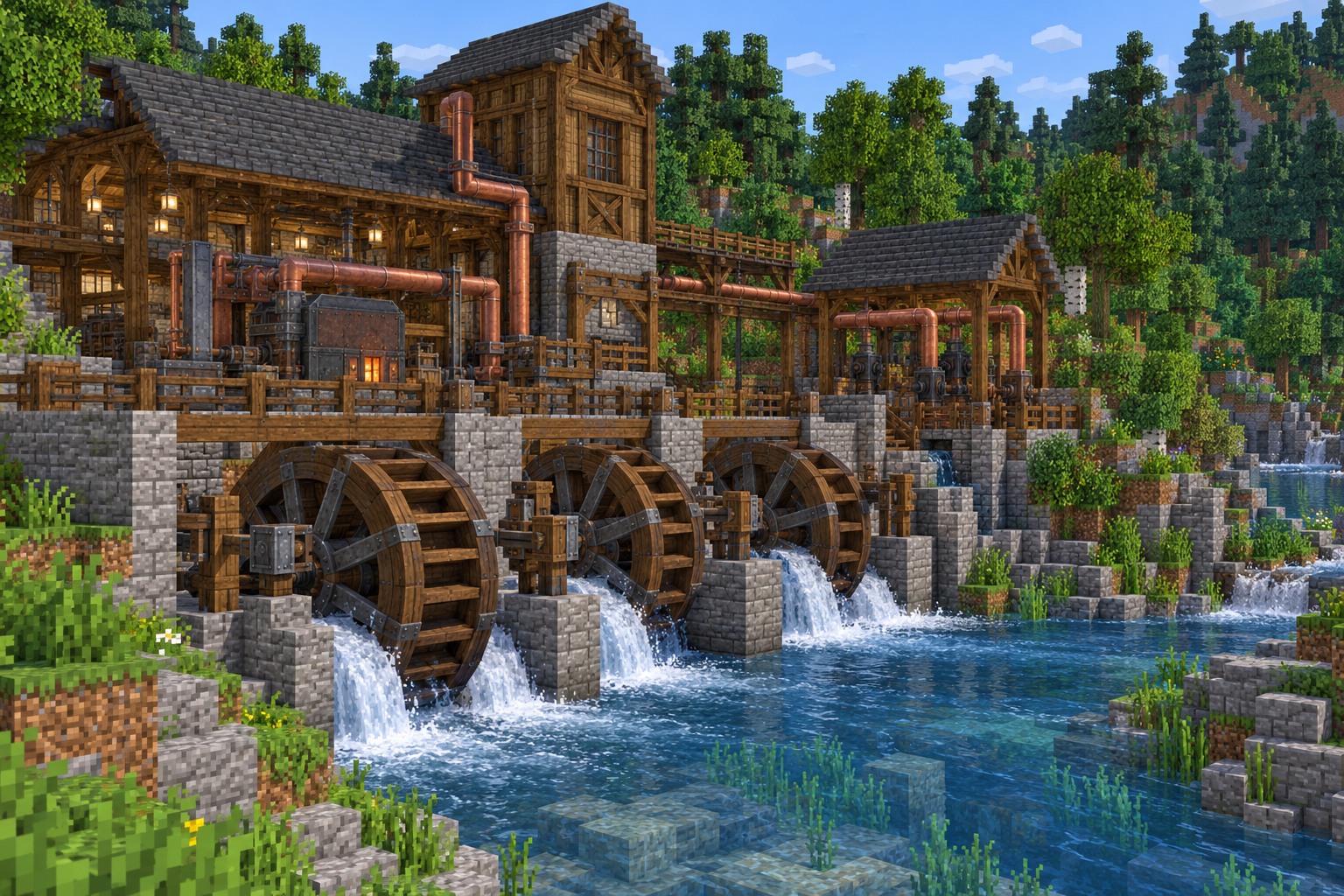 Riverside complex with waterwheels, pumps and timber buildings — illustrated build