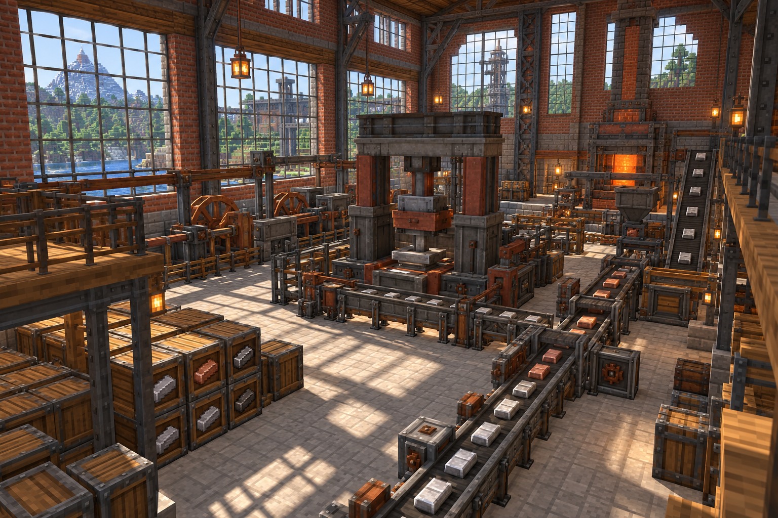 Factory workshop with metal presses, conveyors and storage — illustrated build