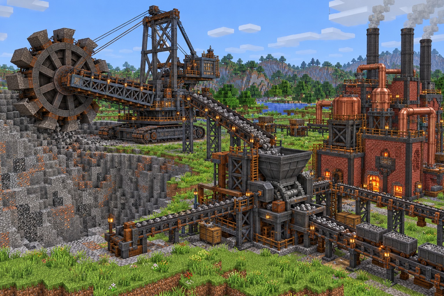 Bucketwheel excavator and industrial machinery in an ore-processing yard — illustrated build