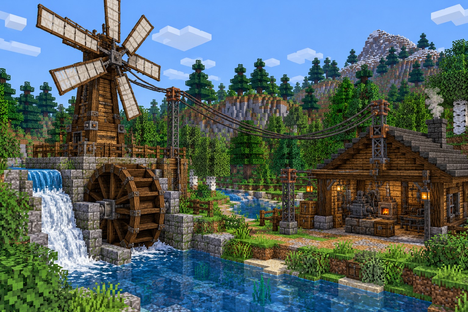 Windmill and waterwheel powering a riverside workshop — illustrated build