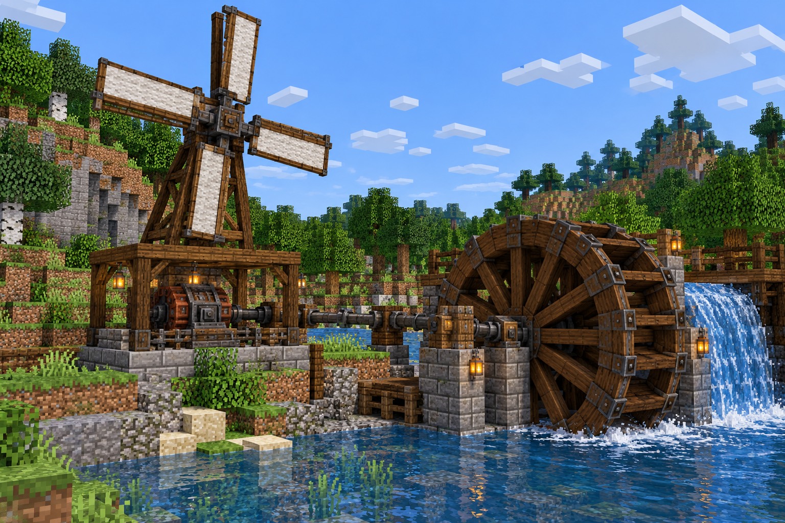 Windmill and waterwheel installations for renewable power — illustrated build