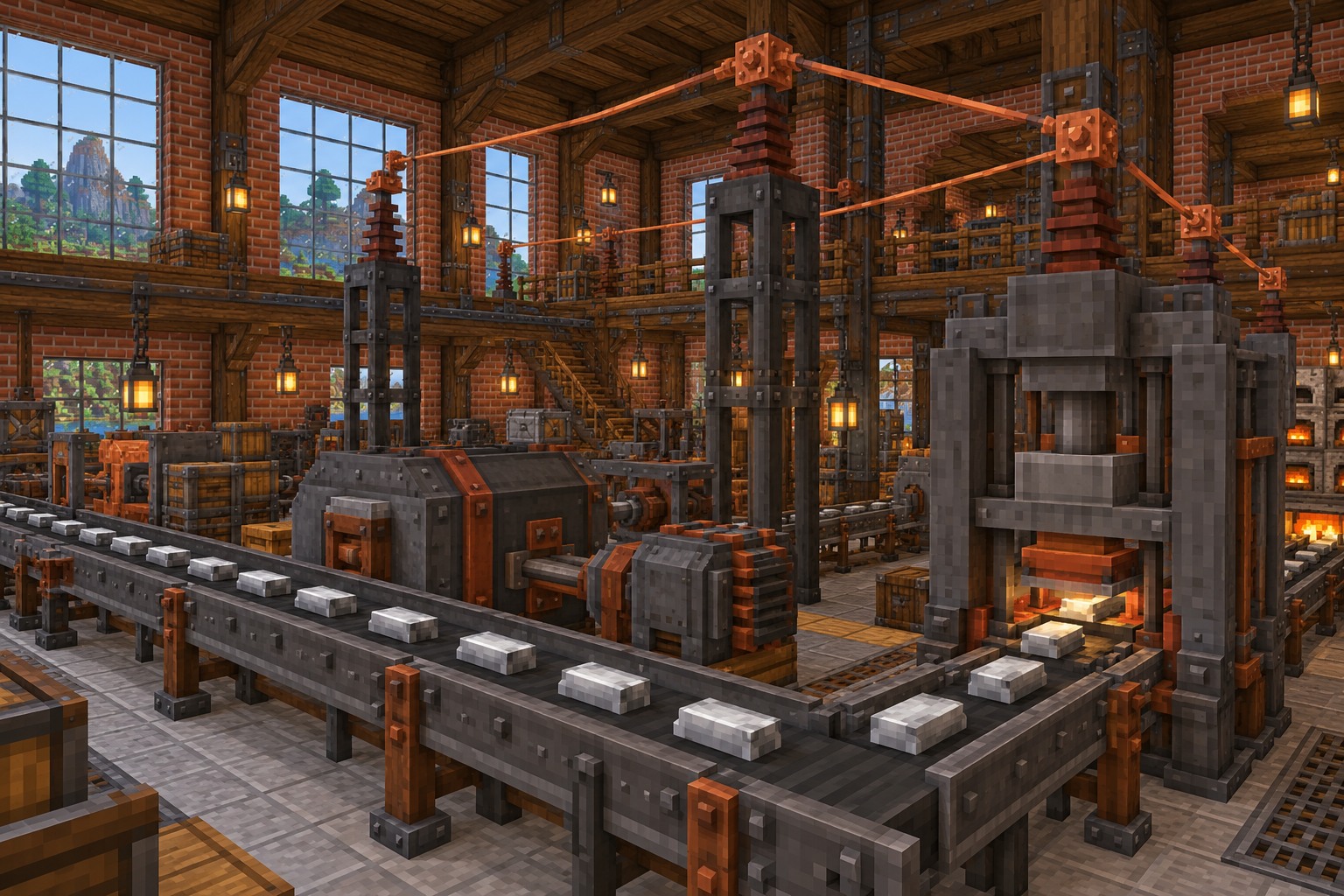 Brick workshop with metal presses and conveyors — illustrated build